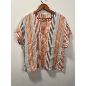 LL Bean Signature Women's 100% Linen Striped V-Neck Coastal Boho Cottagecore M